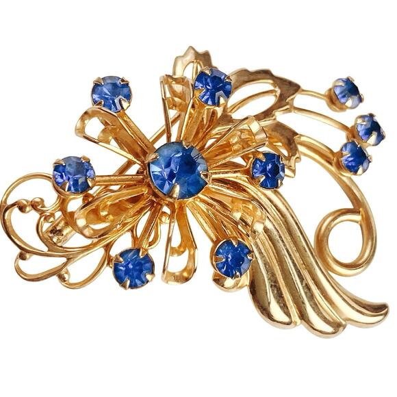 VTG 1940s Brooch Floral Spray Blue Rhinestones Mid Century Gold Tone Jewelry - Picture 1 of 10
